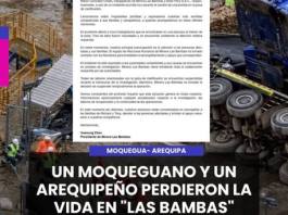 AREQUIPA | UN MOQUEGUANO Y UN AREQUIPEÑO PERDIERON LA VIDA EN LAS BAMBAS