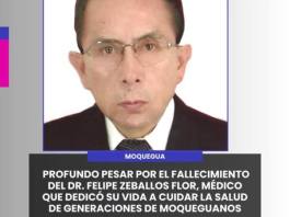 MOQUEGUA | PROFUNDO PESAR POR EL FALLECIMIENTO DEL DR. FELIPE ZEBALLOS FLOR, MÉDICO QUE DEDICÓ SU VIDA A CUIDAR LA SALUD DE GENERACIONES DE MOQUEGUANOS