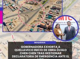MOQUEGUA | GOBERNADORA EXHORTA A QUELLAVECO INICIO DE OBRA ÓVALO CHEN CHEN TRAS GESTIONAR DECLARATORIA DE EMERGENCIA ANTE EL MTC