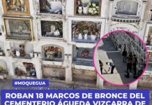 MOQUEGUA: ROBAN 18 MARCOS DE BRONCE DEL CEMENTERIO ÃGUEDA VIZCARRA DE ÃNGULO