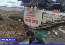 MOQUEGUA: CAMIÃ“N CISTERNA VUELCA EN EL KM 110 DE LA CARRETERA, RIESGO DE DERRAME DE PETRÃ“LEO