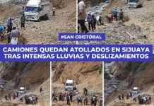 MOQUEGUA: CAMIONES QUEDAN ATOLLADOS EN SIJUAYA TRAS INTENSAS LLUVIAS Y DESLIZAMIENTOS