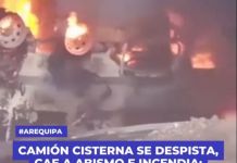 AREQUIPA: CAMIÃ“N CISTERNA SE DESPISTA, CAE A ABISMO E INCENDIA, CHOFER FALLECE