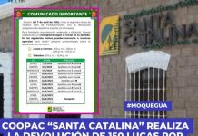 MOQUEGUA: COOPAC "SANTA CATALINA" REALIZA LA DEVOLUCIÃ“N DE 150 LUCAS POR SOCIO