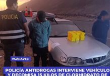 AREQUIPA: POLICÃA ANTIDROGAS INTERVIENE VEHÃCULO Y DECOMISA 15 KILOS DE CLORHIDRATO DE COCAÃNA EN CARAVELÃ
