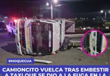 MOQUEGUA: CAMIONCITO VUELCA TRAS EMBESTIR A TAXI QUE SE DIO A LA FUGA EN LA AV. EJÃ‰RCITO