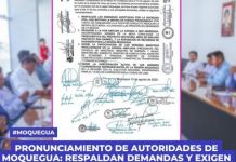 MOQUEGUA: PRONUNCIAMIENTO DE AUTORIDADES DE MOQUEGUA: RESPALDAN DEMANDAS Y EXIGEN AMPLIACIÃ“N DE AGENDA EN MESA DE CORALAQUE.