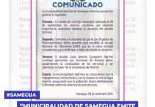 SAMEGUA: MUNICIPALIDAD DEL DISTRITO EMITE COMUNICADO SOBRE VACANCIA DEL ALCALDE