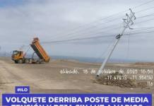VOLQUETE DERRIBA POSTE DE MEDIA TENSIÓN Y DEJA SIN LUZ A VARIOS SECTORES DE ILO