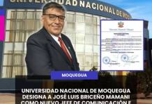 UNIVERSIDAD NACIONAL DE MOQUEGUA DESIGNA A JOSÉ LUIS BRICEÑO MAMANI COMO NUEVO JEFE DE COMUNICACIÓN E IMAGEN INSTITUCIONAL
