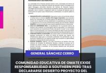 COMUNIDAD EDUCATIVA DE OMATE EXIGE RESPONSABILIDAD A SOUTHERN PERÚ TRAS DECLARARSE DESIERTO PROYECTO DEL INSTITUTO TECNOLÓGICO