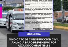 #Moquegua | SINDICATO DE CONSTRUCCIÓN CIVIL ANUNCIA PARO PREVENTIVO POR ALZA DE COMBUSTIBLES.