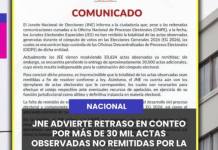 NACIONAL | JNE ADVIERTE RETRASO EN CONTEO POR MÁS DE 30 MIL ACTAS OBSERVADAS NO REMITIDAS POR LA ONPE.