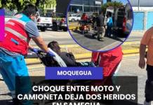 SAMEGUA | CHOQUE ENTRE MOTO Y CAMIONETA DEJA DOS HERIDOS EN SAMEGUA.