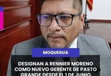 MOQUEGUA | DESIGNAN A RENNIER MORENO COMO NUEVO GERENTE DE PASTO GRANDE DESDE EL 1 DE JUNIO.