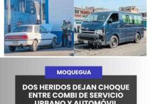 MOQUEGUA | DOS HERIDOS DEJAN CHOQUE ENTRE COMBI DE SERVICIO URBANO Y AUTOMÓVIL.
