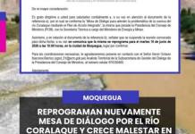 MOQUEGUA | REPROGRAMAN NUEVAMENTE MESA DE DIÁLOGO POR EL RÍO CORALAQUE Y CRECE MALESTAR EN LA POBLACIÓN.