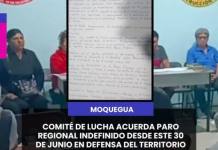 MOQUEGUA | COMITÉ DE LUCHA ACUERDA PARO REGIONAL INDEFINIDO DESDE ESTE 30 DE JUNIO EN DEFENSA DEL TERRITORIO DE MOQUEGUA.