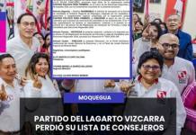 MOQUEGUA | PARTIDO DEL LAGARTO VIZCARRA PERDIÓ SU LISTA DE CONSEJEROS.