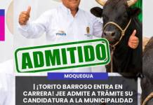 MOQUEGUA | ¡TORITO BARROSO ENTRA EN CARRERA! JEE ADMITE A TRÁMITE SU CANDIDATURA A LA MUNICIPALIDAD PROVINCIAL DE MARISCAL NIETO