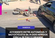 MOQUEGUA | ACCIDENTE ENTRE AUTOMÓVIL Y MOTOCICLETA DEJA DOS HERIDOS CERCA DE PASTO GRANDE.