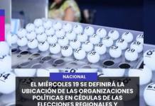 NACIONAL | EL MIÉRCOLES 19 SE DEFINIRÁ LA UBICACIÓN DE LAS ORGANIZACIONES POLÍTICAS EN CÉDULAS DE LAS ELECCIONES REGIONALES Y MUNICIPALES.
