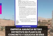 SAN ANTONIO | EMPRESA ANUNCIA RETIRO DEFINITIVO DE PLANTA DE CONCRETO Y SOLICITA 18 DÍAS PARA SU DESMONTAJE