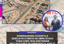 MOQUEGUA | GOBERNADORA EXHORTA A QUELLAVECO INICIO DE OBRA ÓVALO CHEN CHEN TRAS GESTIONAR DECLARATORIA DE EMERGENCIA ANTE EL MTC