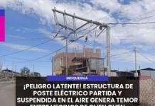 MOQUEGUA | ¡PELIGRO LATENTE! ESTRUCTURA DE POSTE ELÉCTRICO PARTIDA Y SUSPENDIDA EN EL AIRE GENERA TEMOR ENTRE VECINOS DE CHEN CHEN
